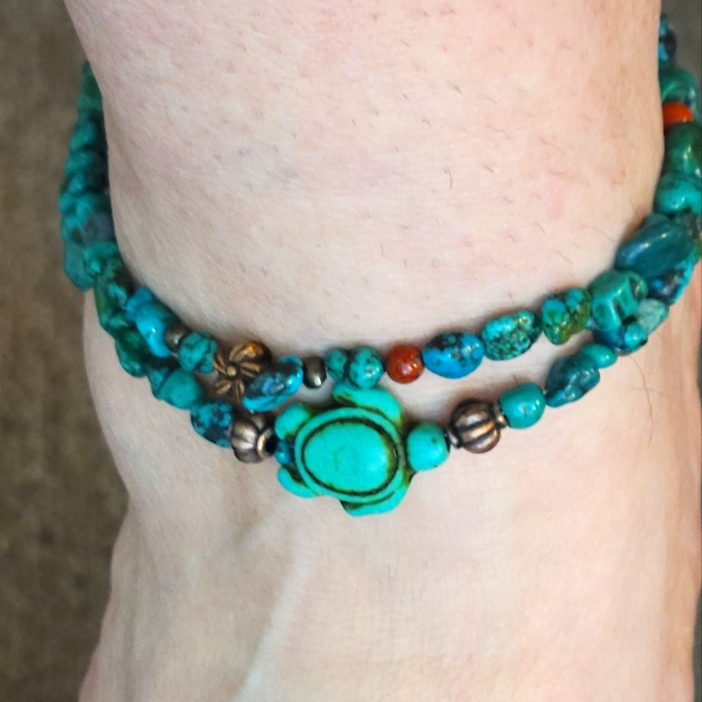 2 Authentic Turquoise Beaded Anklets